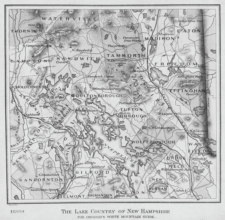 1870s New Hampshire Lake Country Map New England Black and White Photograph by Toby McGuire