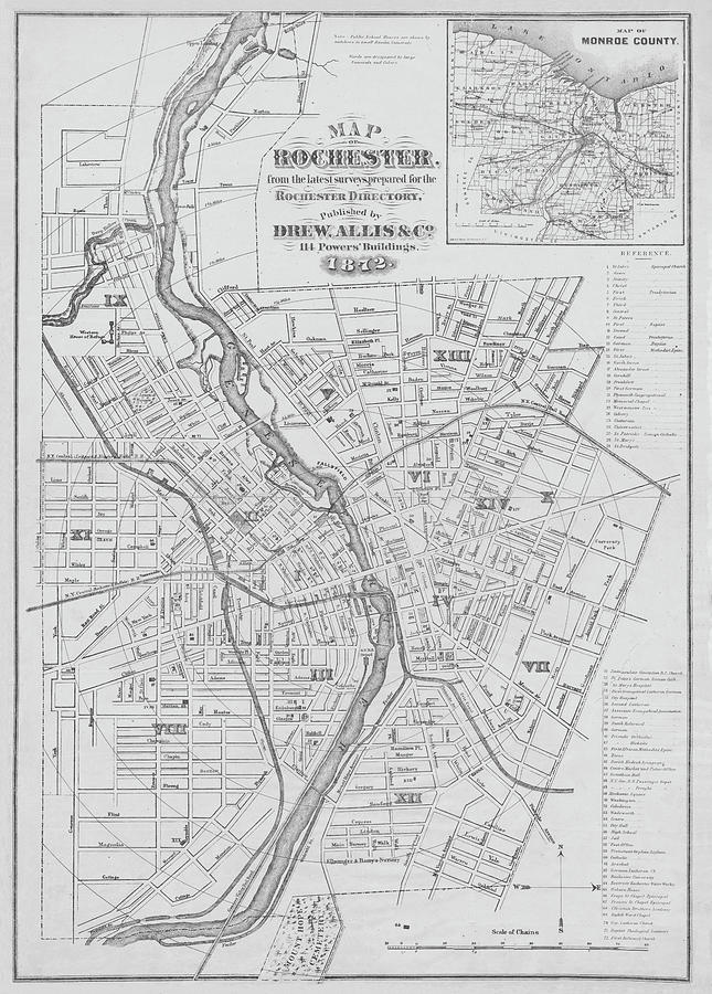 1872 Rochester New York Historical Map Monroe County Black and White Photograph by Toby McGuire
