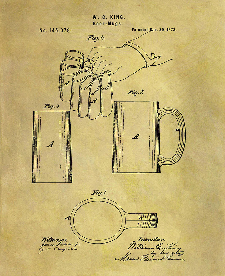 1873 Beer Mug Patent Design Drawing by Dan Sproul