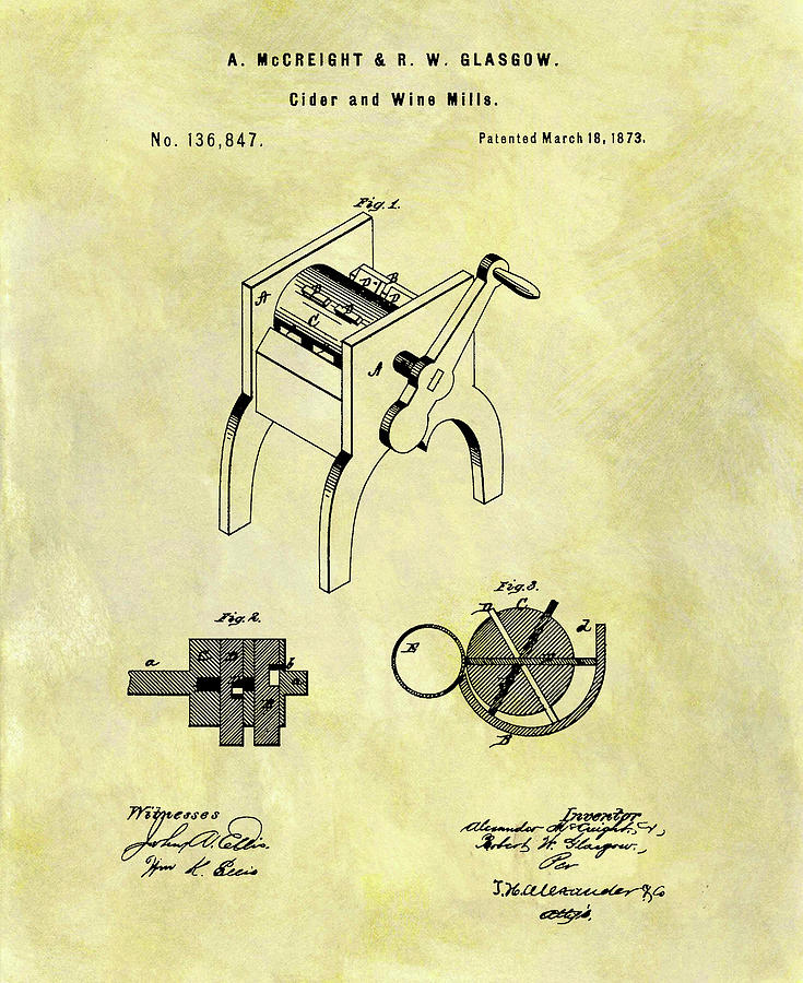 1873 Cider Wine Mill Patent Drawing by Dan Sproul