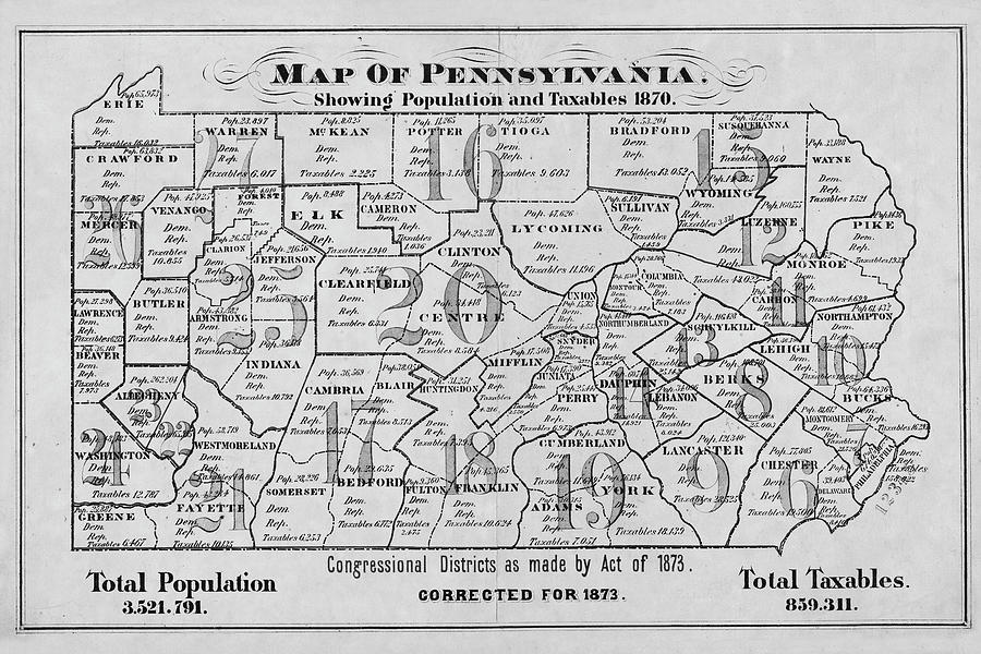 1873 Historical Population Map of Pennsylvania in Black and White Photograph by Toby McGuire