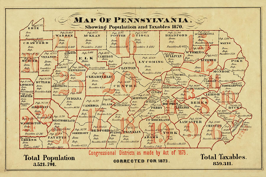 1873 Historical Population Map of Pennsylvania in Color Photograph by Toby McGuire