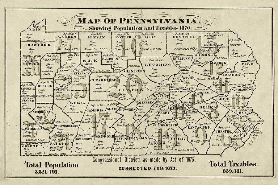 1873 Historical Population Map of Pennsylvania in Sepia Photograph by Toby McGuire