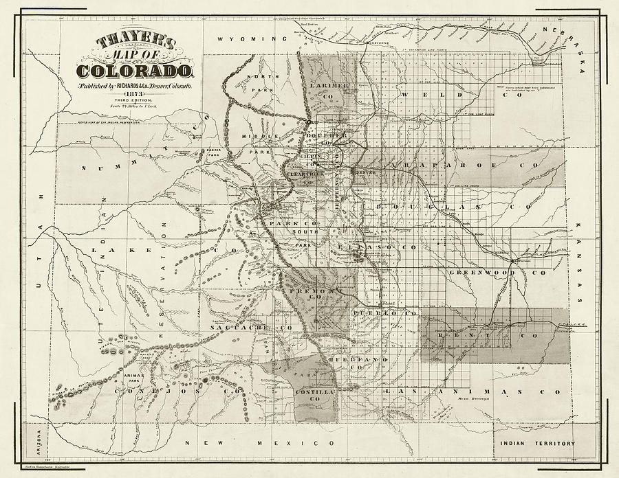 1873 Thayers Map of Colorado in Sepia Photograph by Toby McGuire