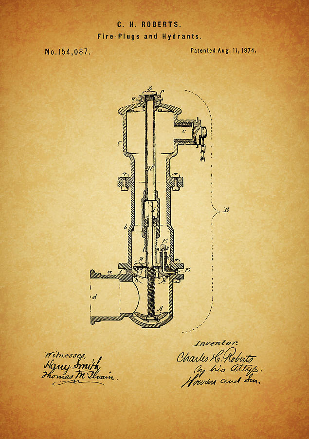 1874 Fire Hydrant Patent Drawing by Dan Sproul