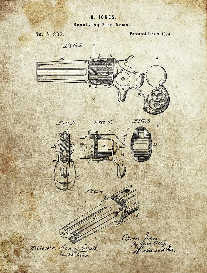 Revolver Drawing - 1874 Jones Revolver Patent by Dan Sproul