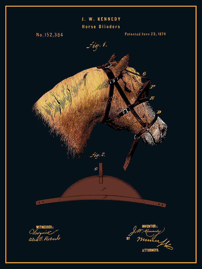 1874 Kennedy Horse Blinders Colorized Patent Print Black Pearl Drawing