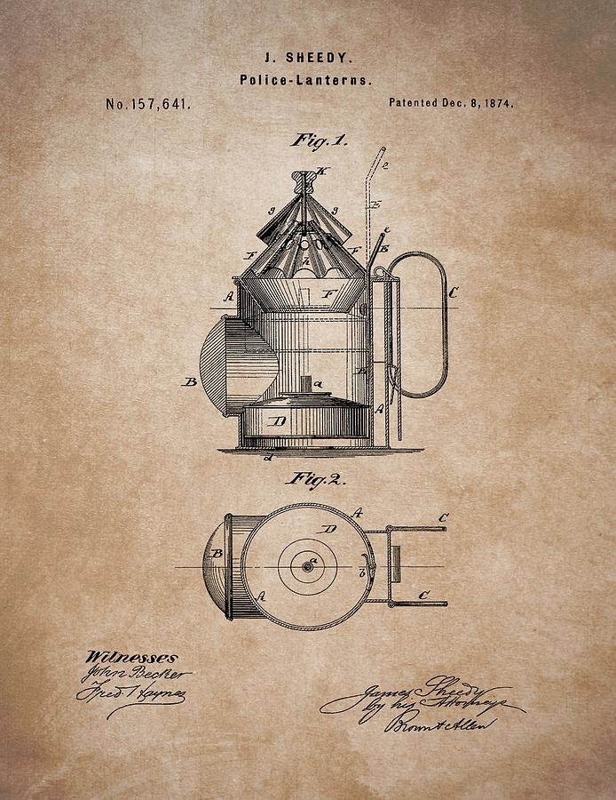 1874 Police Lantern Patent Drawing by Dan Sproul