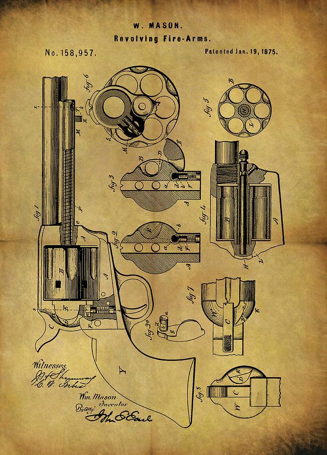 Revolver Drawing - 1875 Mason Revolver Patent by Dan Sproul