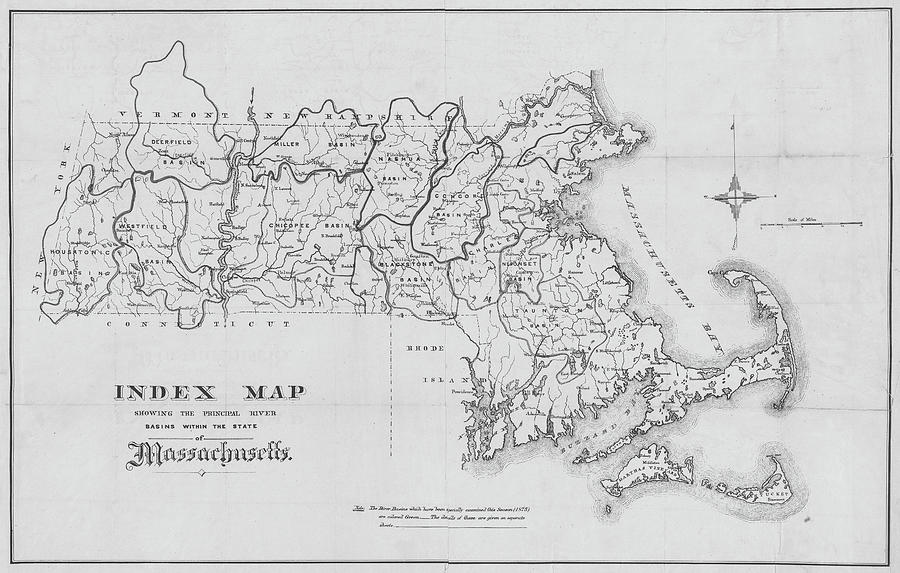 1875 Massachusetts River Basin Map in Black and White Photograph by Toby McGuire