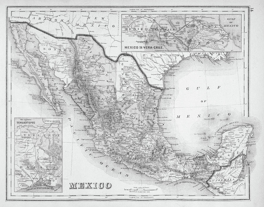 1876 Historical Map of Mexico Black and White Photograph by Toby McGuire