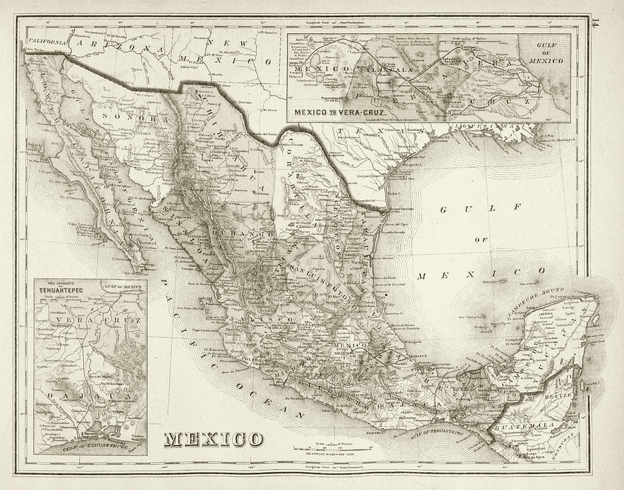1876 Historical Map of Mexico in Sepia Photograph by Toby McGuire