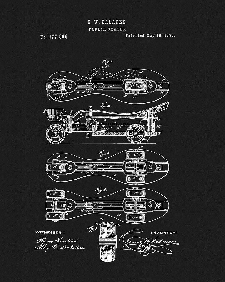 Rollerskate Drawing - 1876 Roller Skates Patent by Dan Sproul