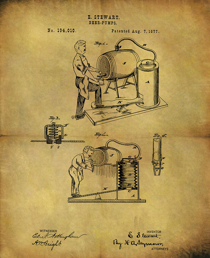Beer Drawing - 1877 Beer Pump Patent by Dan Sproul