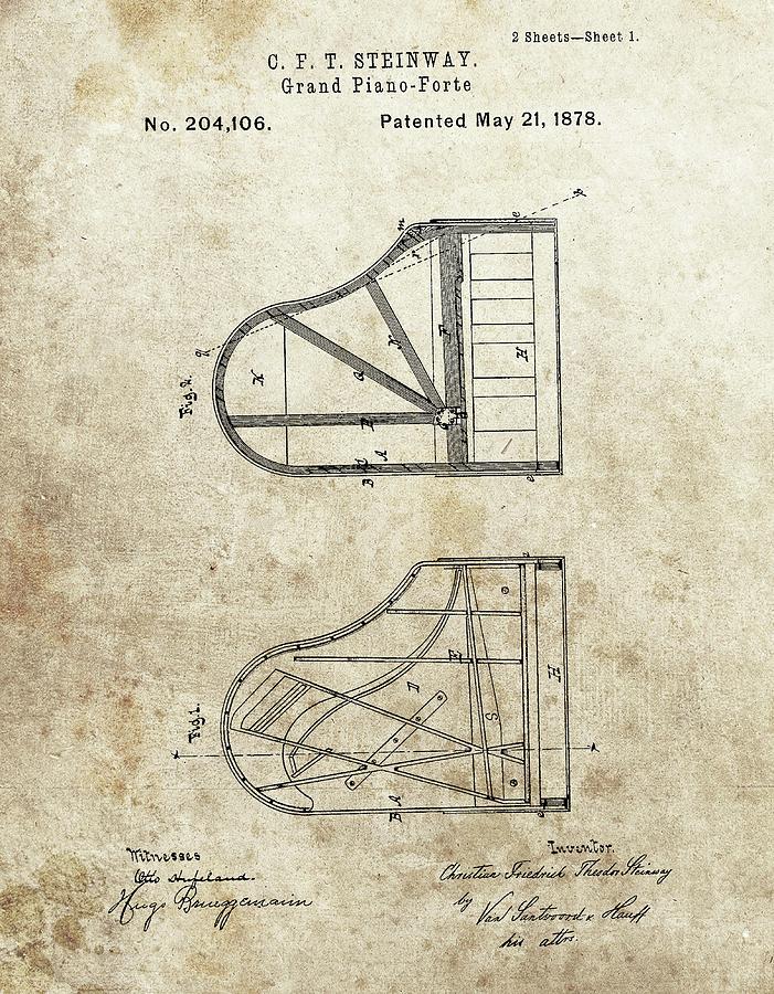 Music Drawing - 1878 Steinway Piano Patent by Dan Sproul