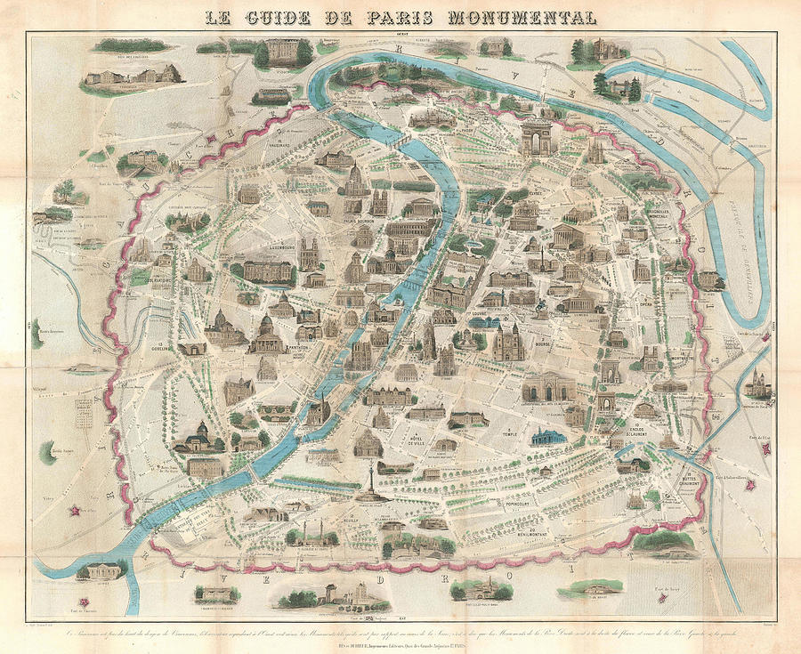 1878 Testard Pictorial Map Of Paris With Monuments Painting