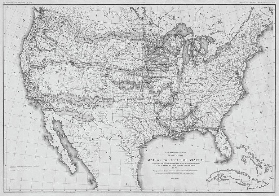 1878 United States Construction of Railroads and Wagon Trails Map in Black and White Photograph by Toby McGuire
