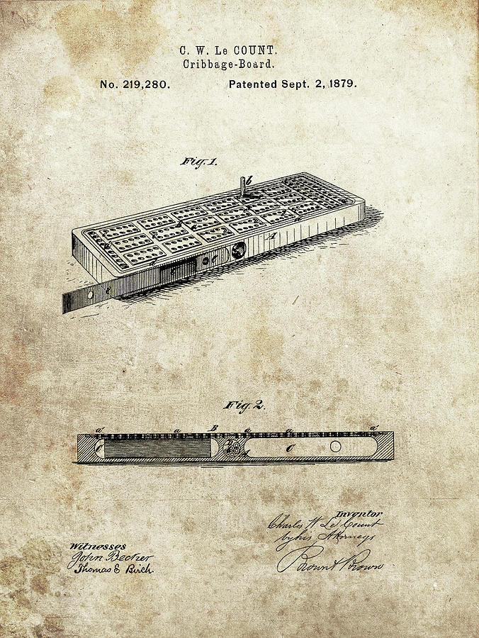 Cribbage Drawing - 1879 Cribbage Board Patent by Dan Sproul