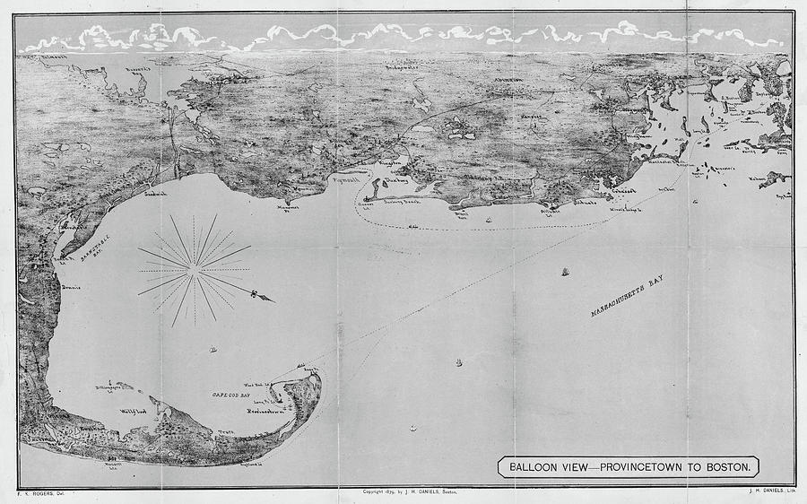 1879 Historical Provincetown to Boston Balloon Map Black and White Photograph by Toby McGuire