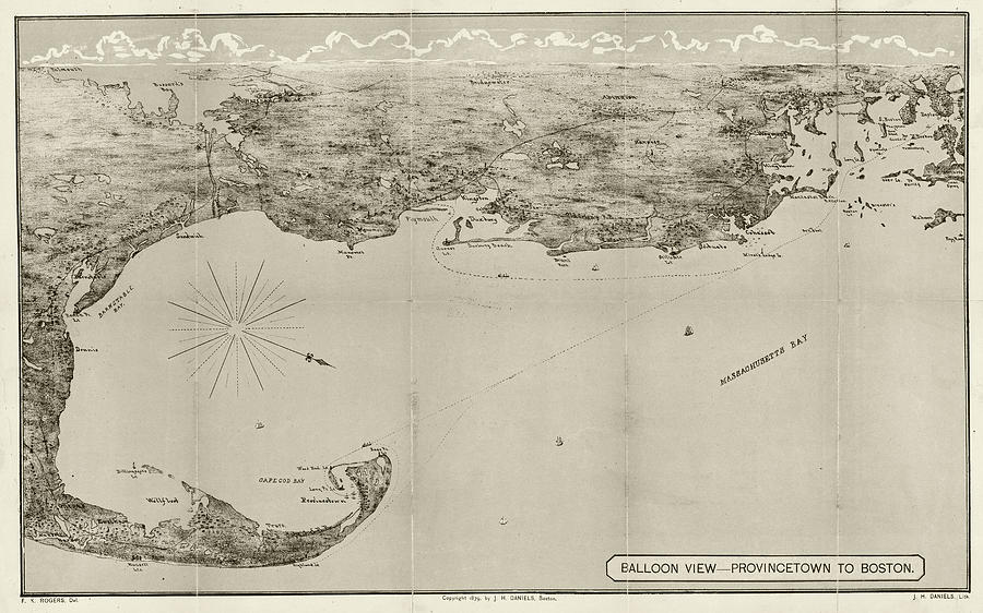 1879 Historical Provincetown to Boston Balloon Map in Sepia Photograph by Toby McGuire