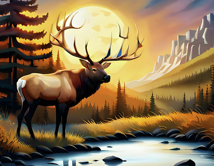 188-Majestic Bull Elk with huge antlers overlooking a meadow with a stream running through it-1713b Mixed Media by Donald Keith 188-Majestic Bull Elk with huge antlers overlooking a meadow with a stream running through it-1713b Mixed Media by Donald Keith