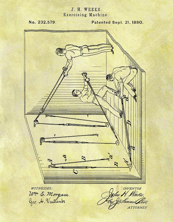 Vintage Drawing - 1880 Exercise Machine Patent by Dan Sproul