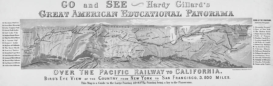 1880 Historical Over the Pacific Railway to California Map Black and White Photograph by Toby McGuire