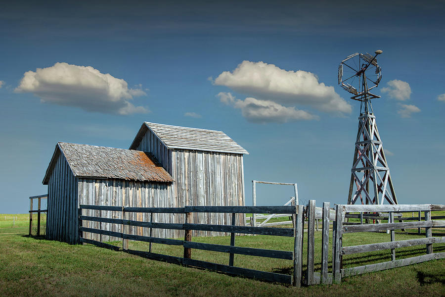 1880 Town Farm with Windmill and Old Gray Wooden Barn Photograph by Randall Nyhof