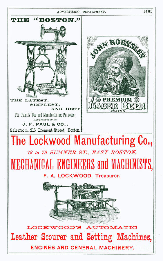 Art Print John Roessles Premium Lager Beer, The Boston Sewing Machine, Lockwood Mfg Co Boston Mixed Media by Gary Roberts Art Print John Roessles Premium Lager Beer, The Boston Sewing Machine, Lockwood Mfg Co Boston Mixed Media by Gary Roberts