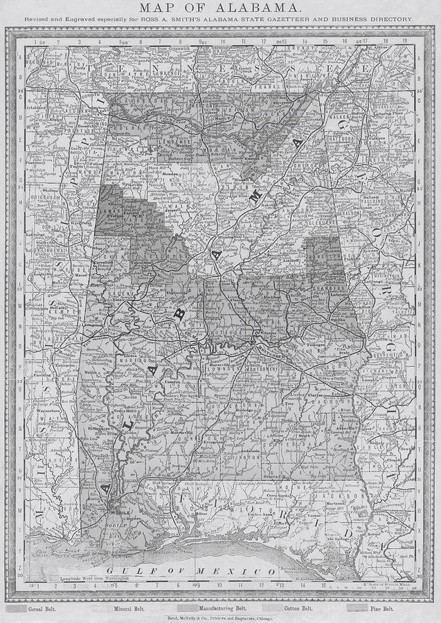 1881 Historical Map of Alabama in Black and White Photograph by Toby McGuire