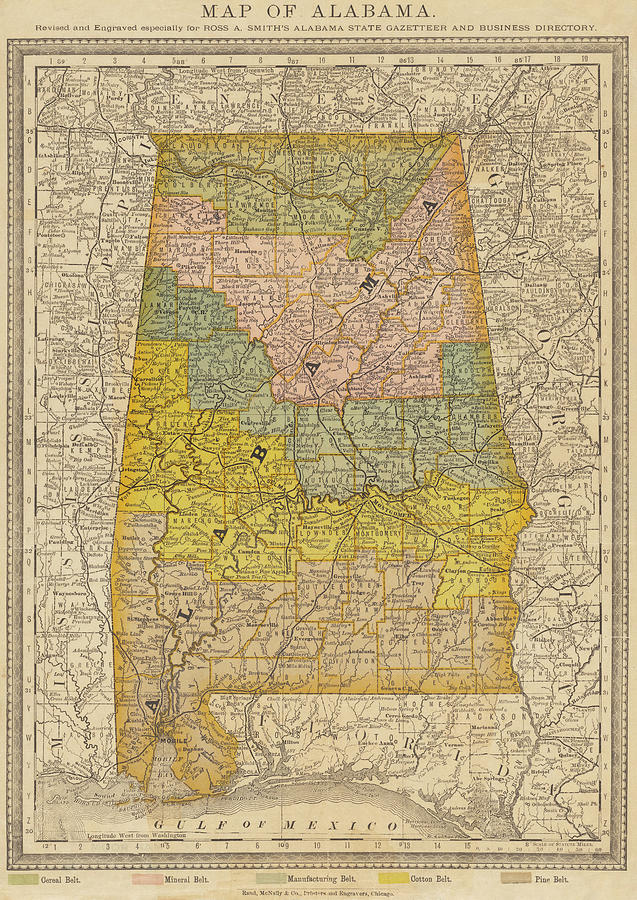 1881 Historical Map of Alabama in Color Photograph by Toby McGuire