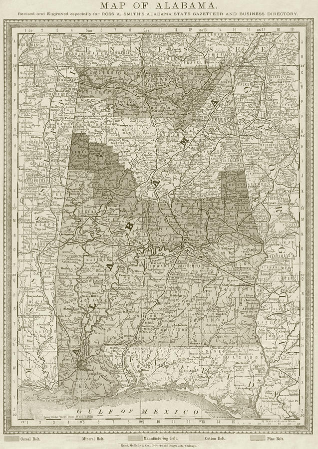 1881 Historical Map of Alabama in Sepia Photograph by Toby McGuire