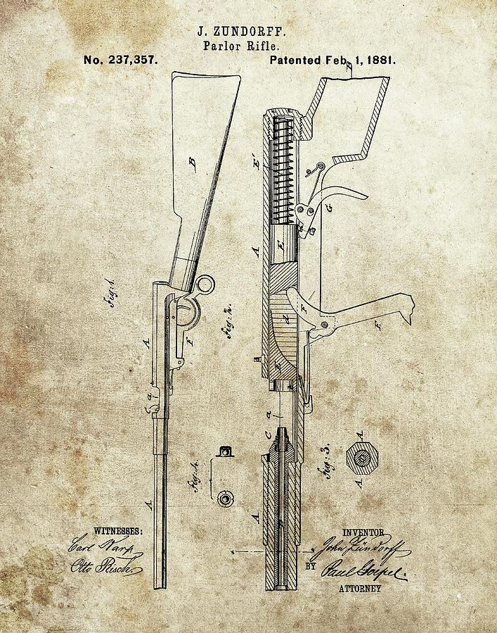 Gallery Gun Drawing - 1881 Parlor Rifle Patent by Dan Sproul