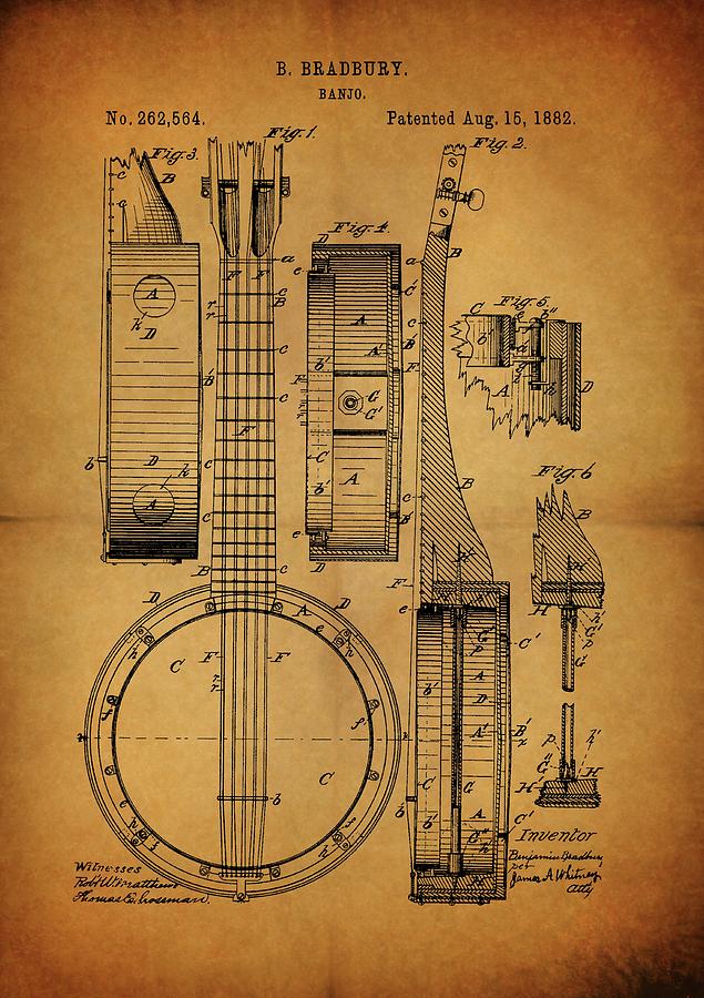 Banjo Drawing - 1882 Banjo Patent by Dan Sproul