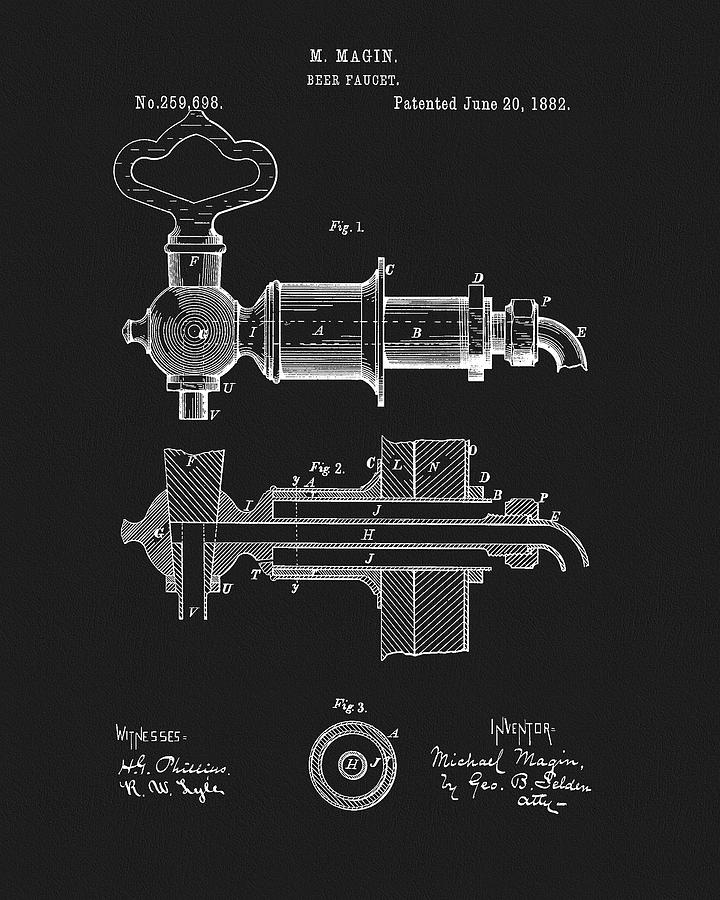 Beer Drawing - 1882 Beer Faucet Patent by Dan Sproul