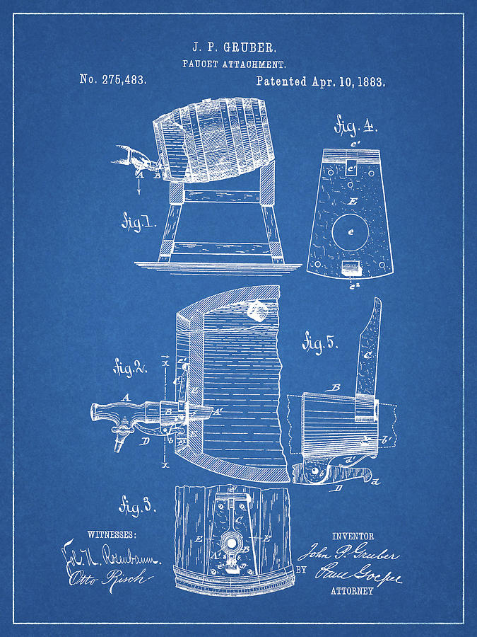 1883 Beer Barrel Faucet Patent Drawing by Dan Sproul