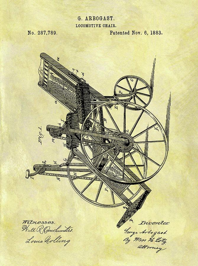 Wheelchair Drawing - 1883 Wheelchair Patent by Dan Sproul