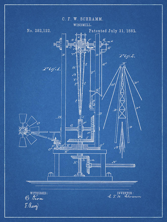 Old Windmill Drawing - 1883 Windmill Patent by Dan Sproul