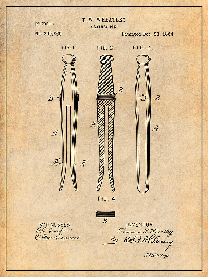 1884 Clothes Pin Antique Paper Patent Print Drawing by Greg Edwards