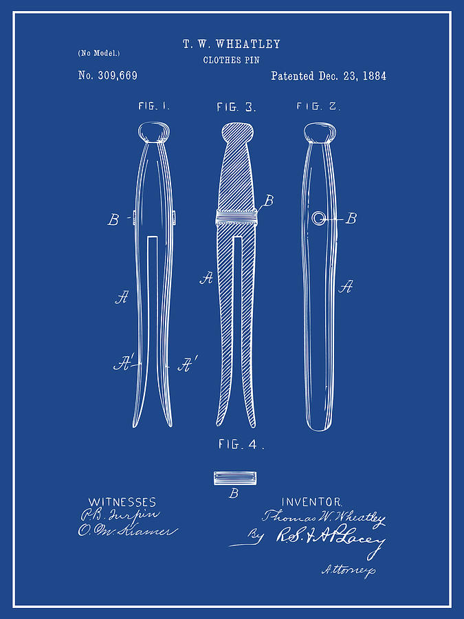 1884 Clothes Pin Blue Patent Print Drawing by Greg Edwards