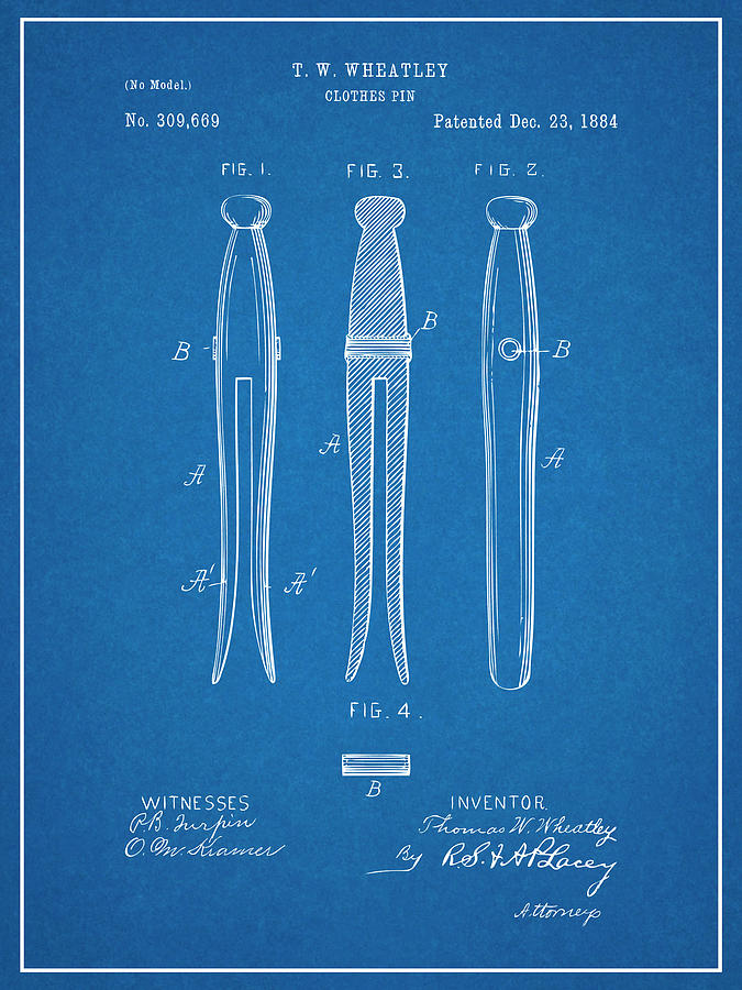 1884 Clothes Pin Blueprint Patent Print Drawing by Greg Edwards