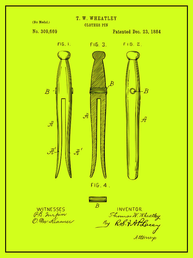 1884 Clothes Pin Chartreuse Patent Print Drawing by Greg Edwards