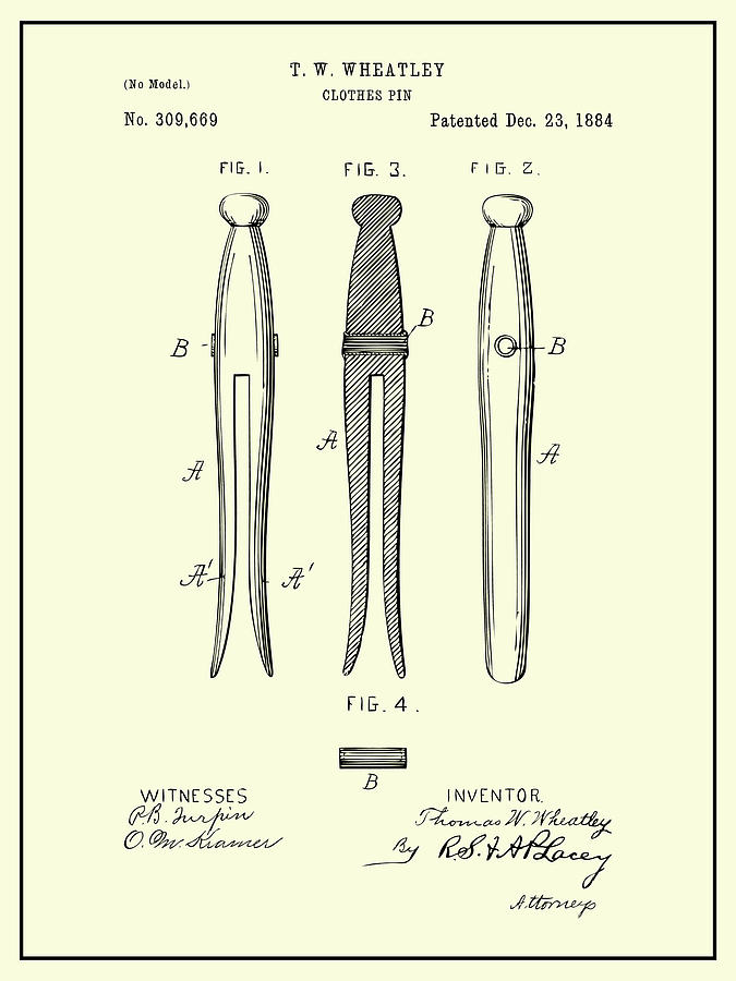1884 Clothes Pin Cream Patent Print Drawing by Greg Edwards