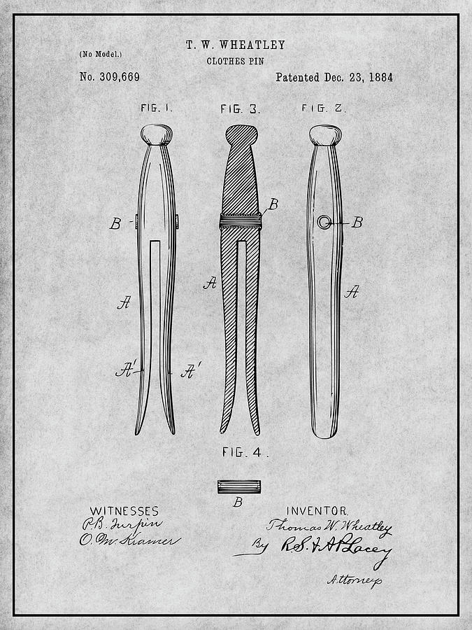 1884 Clothes Pin Gray Patent Print Drawing by Greg Edwards