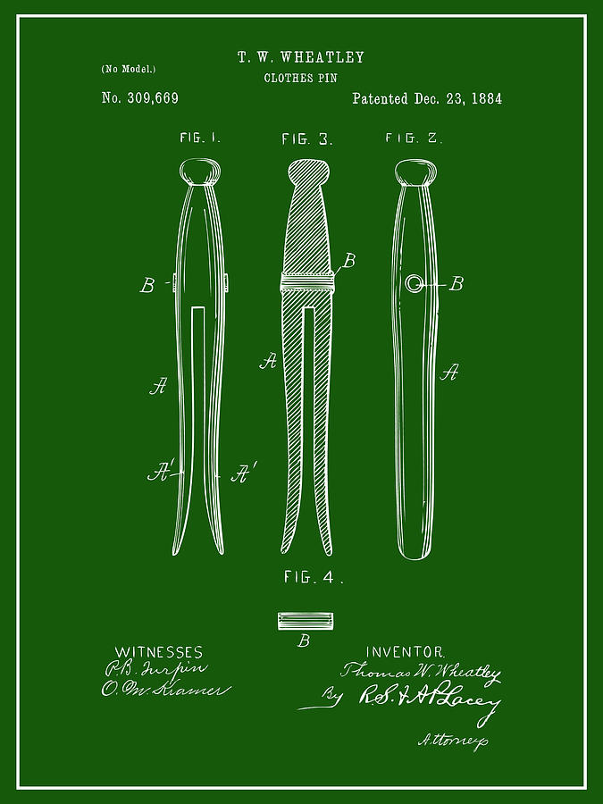 1884 Clothes Pin Green Patent Print Drawing by Greg Edwards