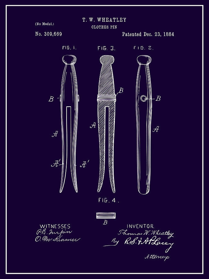 1884 Clothes Pin Purple Patent Print Drawing by Greg Edwards
