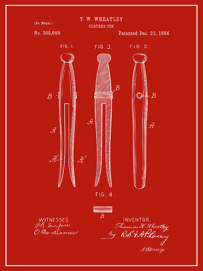 1884 Clothes Pin Red Patent Print Drawing by Greg Edwards