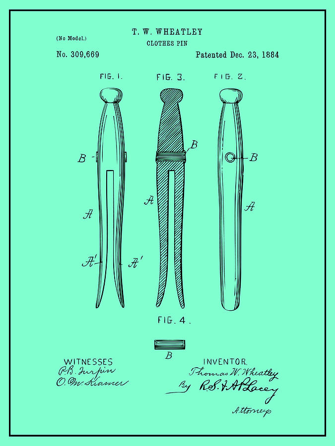 1884 Clothes Pin Seafoam Green Patent Print Drawing by Greg Edwards