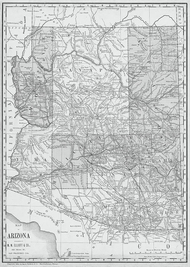 1884 Historical Map of Arizona, Arizona County Map in Black and White Photograph by Toby McGuire