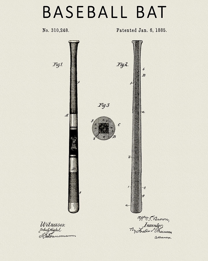 1885 Baseball Bat Patent Drawing by Dan Sproul